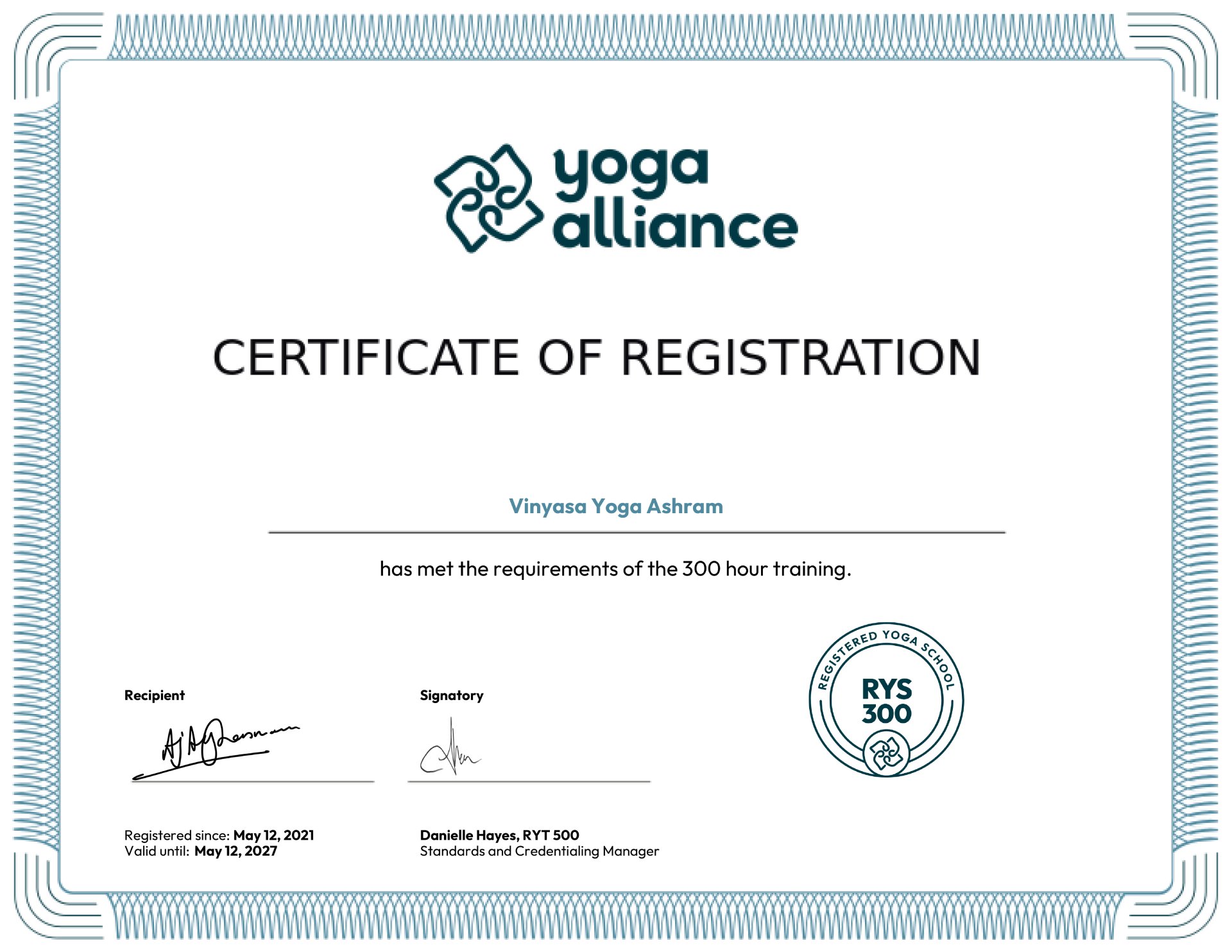 Rys 300 Certificate Vinyasa Yoga Ashram